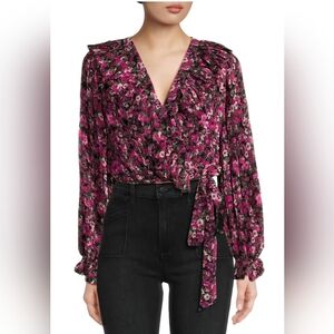 Endless Rose Wrap Crop Top with Ruffles & Pleats & Tie Front Pink Floral Size Sm